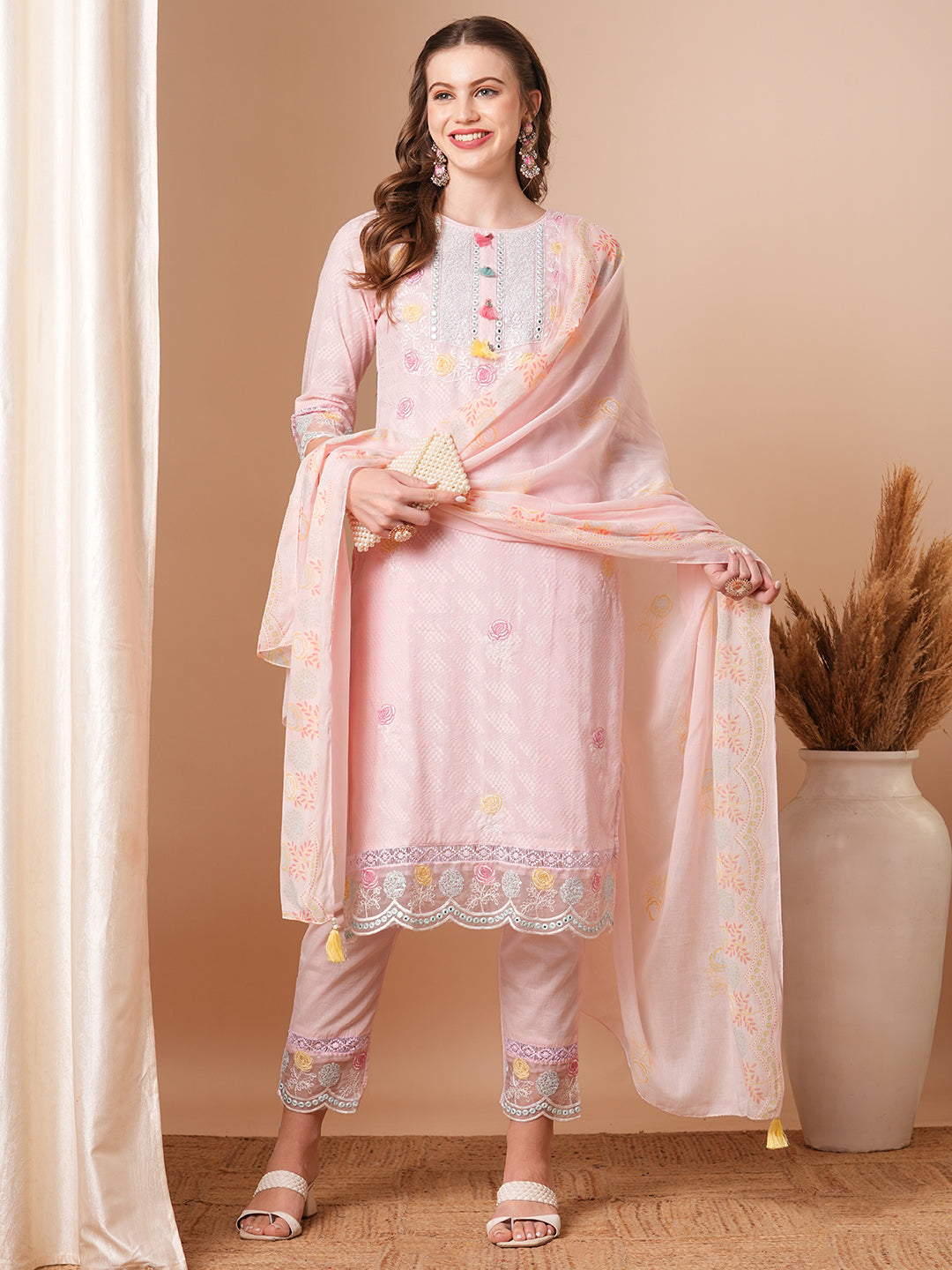 Solid Floral Embroidered Straight Fit Kurta with Pant & Dupatta - Pink