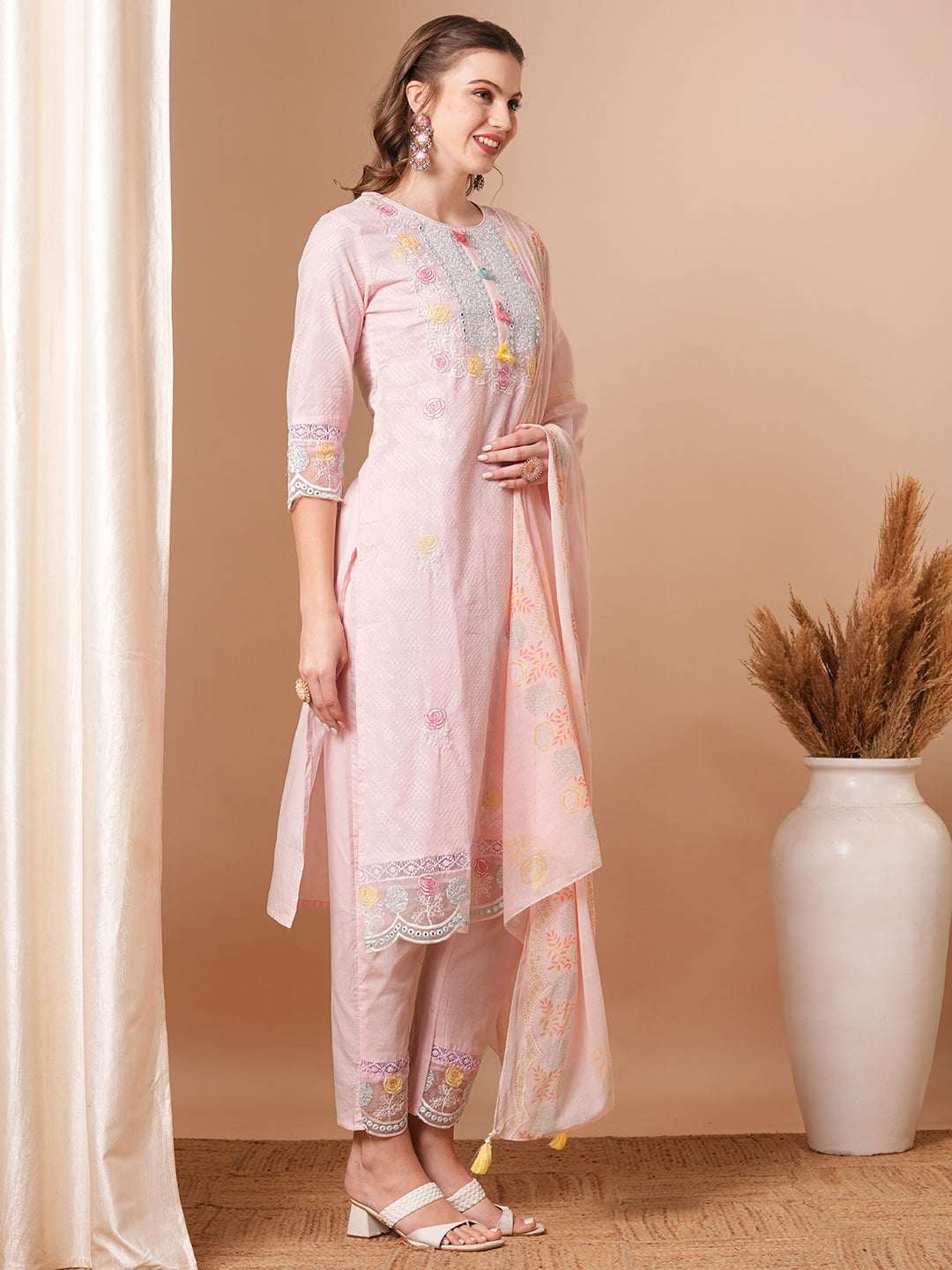 Solid Floral Embroidered Straight Fit Kurta with Pant & Dupatta - Pink