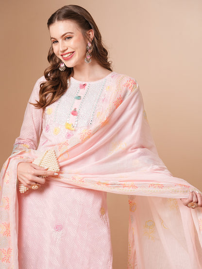 Solid Floral Embroidered Straight Fit Kurta with Pant & Dupatta - Pink