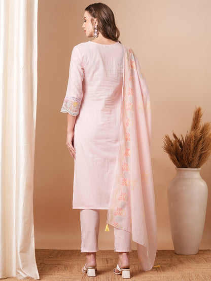 Solid Floral Embroidered Straight Fit Kurta with Pant & Dupatta - Pink