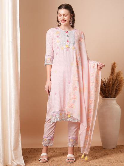 Solid Floral Embroidered Straight Fit Kurta with Pant & Dupatta - Pink