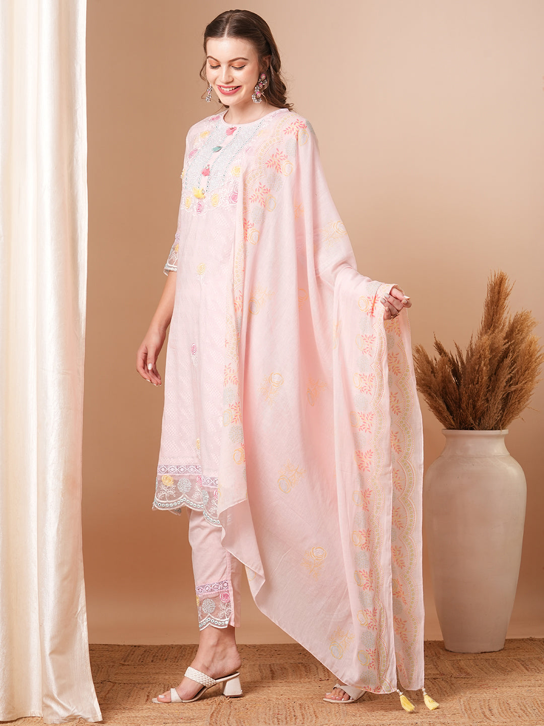 Solid Floral Embroidered Straight Fit Kurta with Pant & Dupatta - Pink