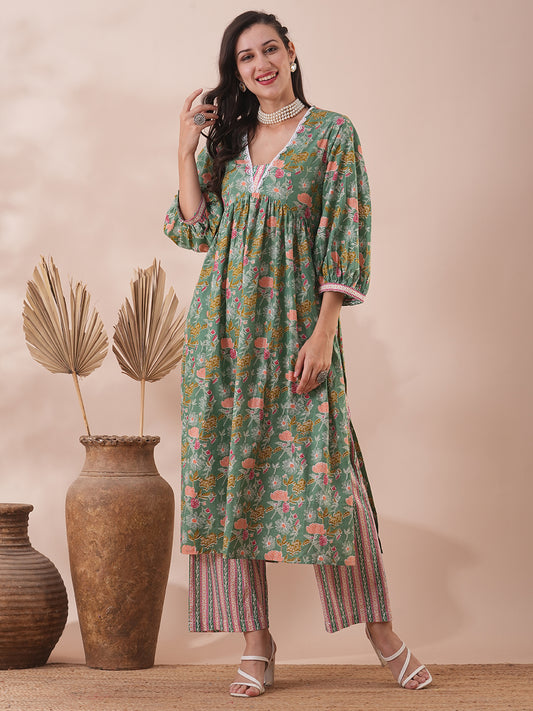 Ethnic Floral & Stripes Printed A-Line Pleated Kurta with Palazzo - Green