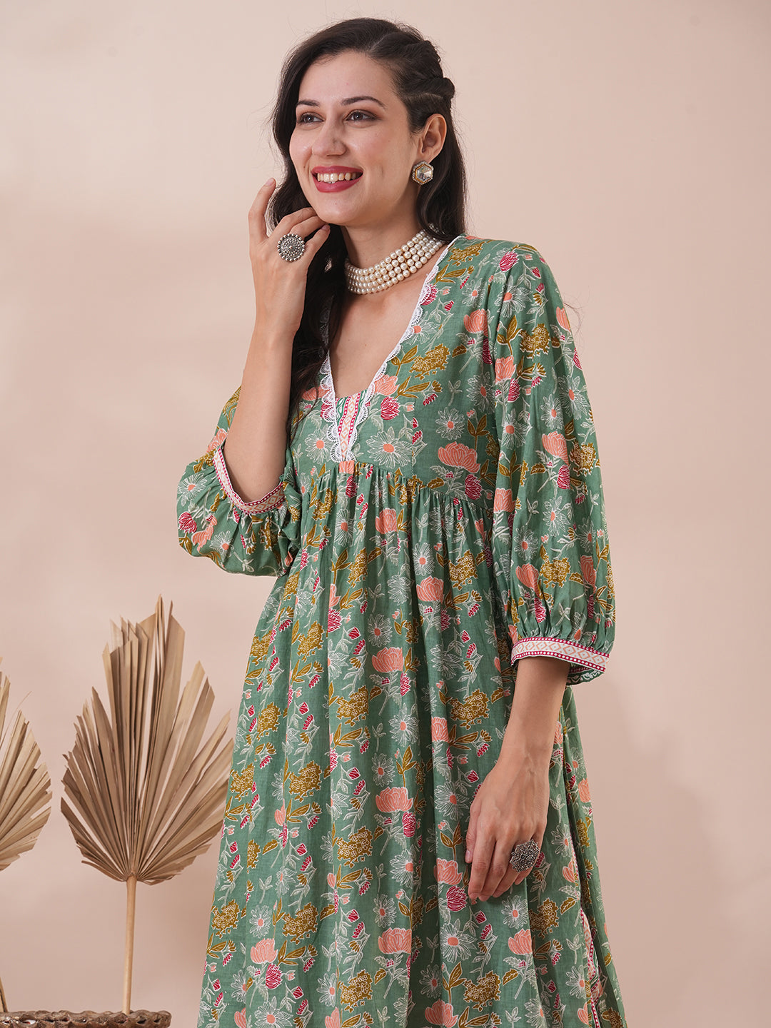 Ethnic Floral & Stripes Printed A-Line Pleated Kurta with Palazzo - Green