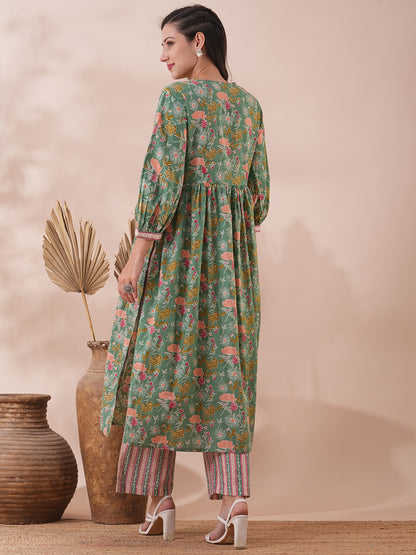 Ethnic Floral & Stripes Printed A-Line Pleated Kurta with Palazzo - Green