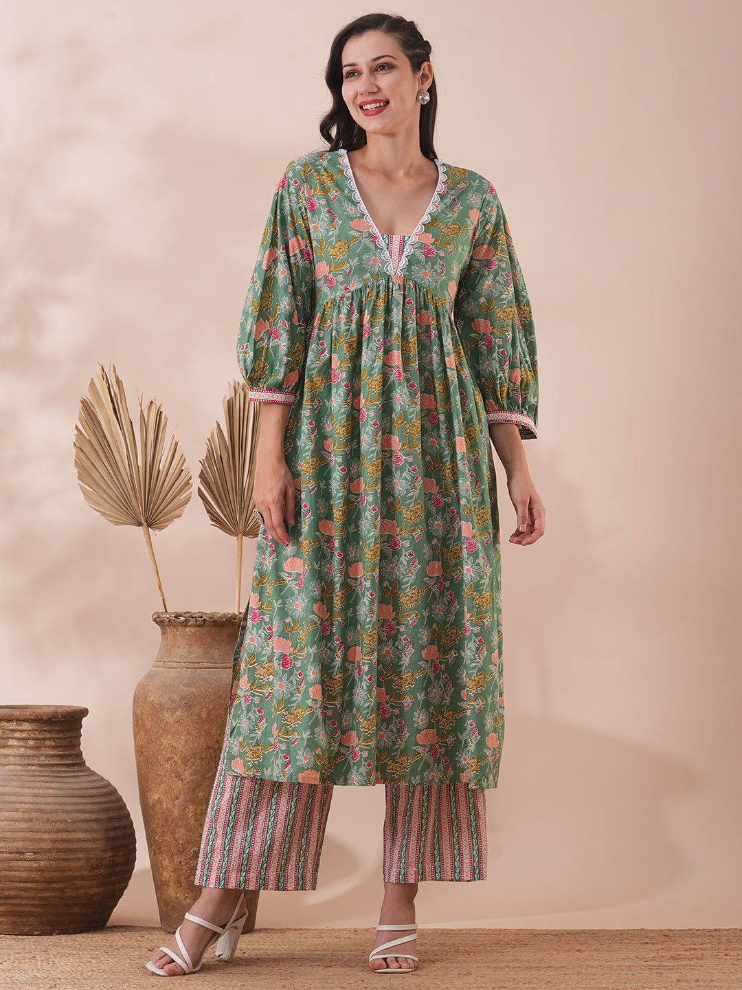 Ethnic Floral & Stripes Printed A-Line Pleated Kurta with Palazzo - Green