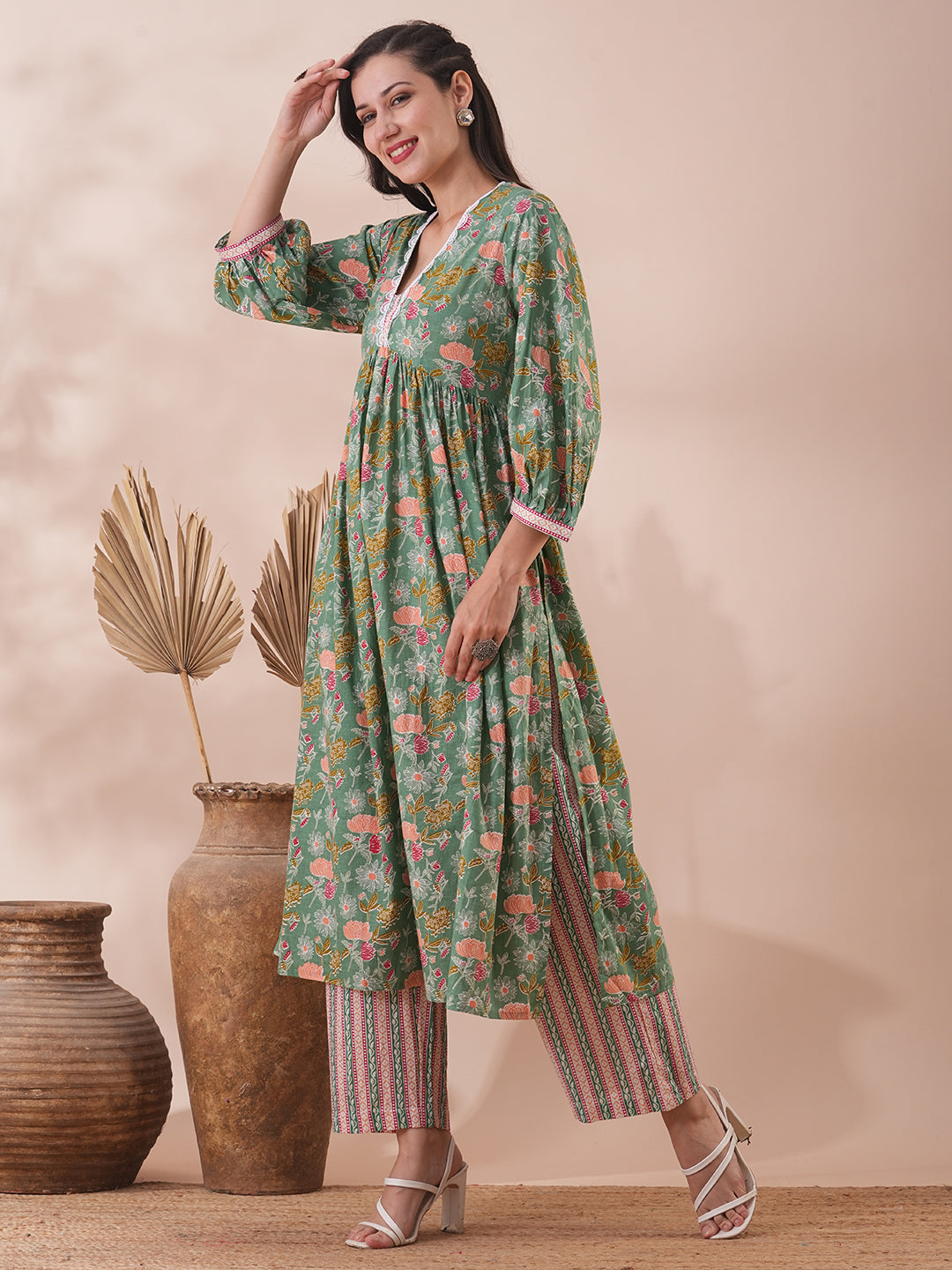 Ethnic Floral & Stripes Printed A-Line Pleated Kurta with Palazzo - Green