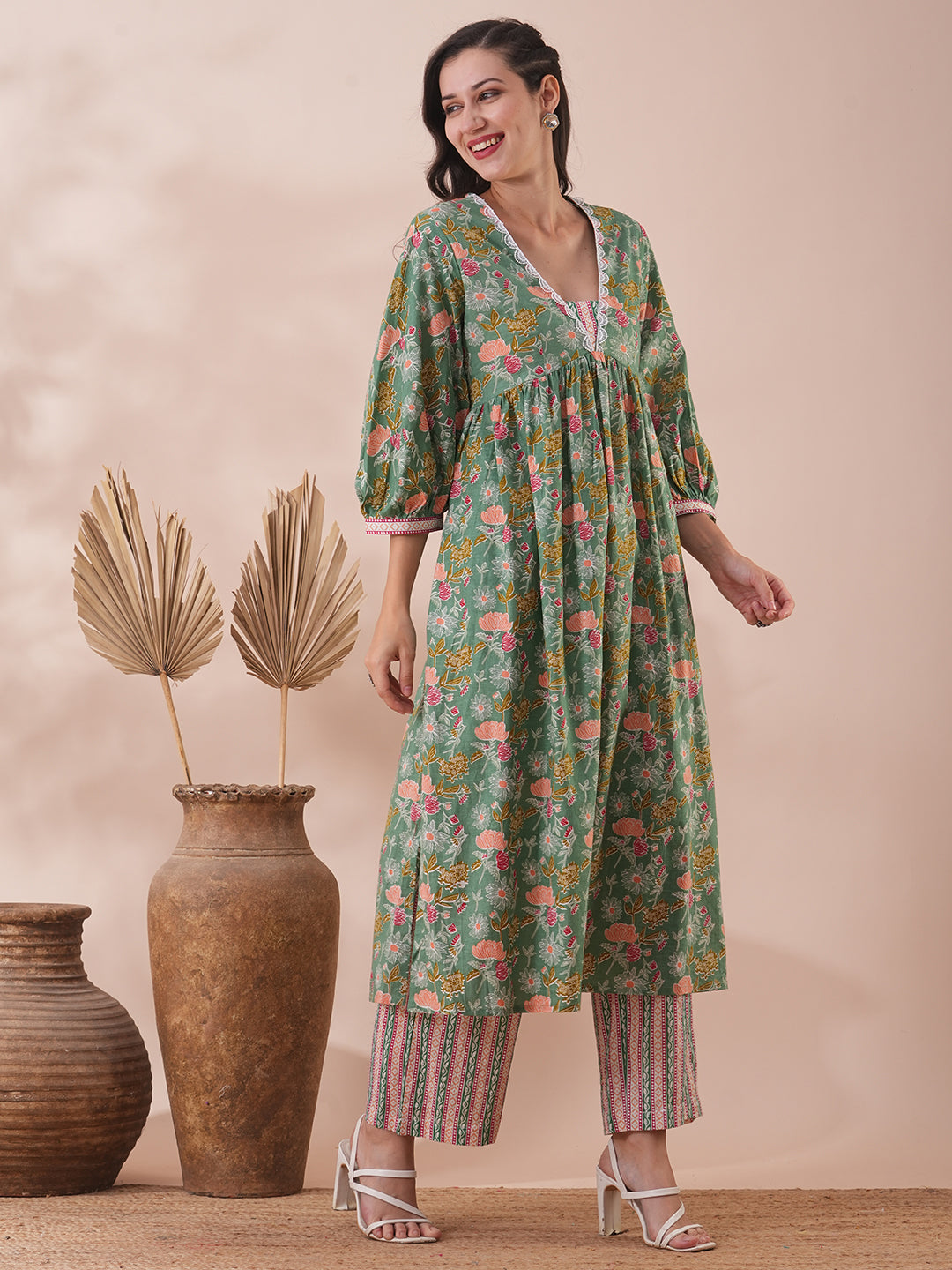 Ethnic Floral & Stripes Printed A-Line Pleated Kurta with Palazzo - Green