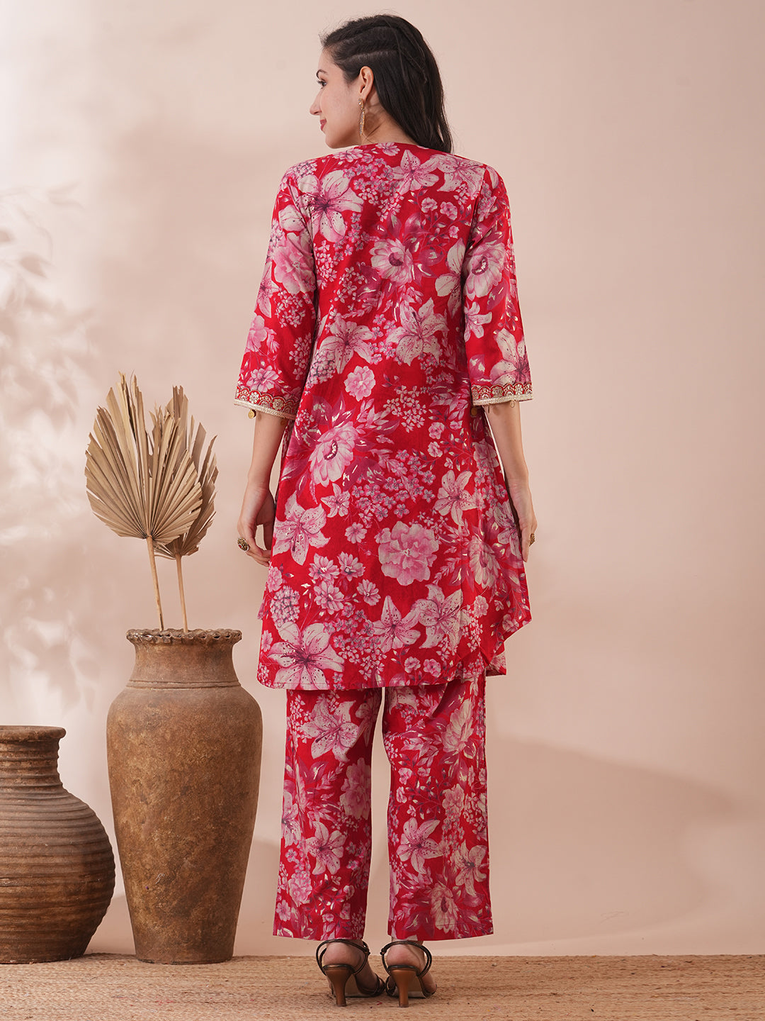 Floral Foil Printed & Embroidered A-Line Co-ord Set - Red