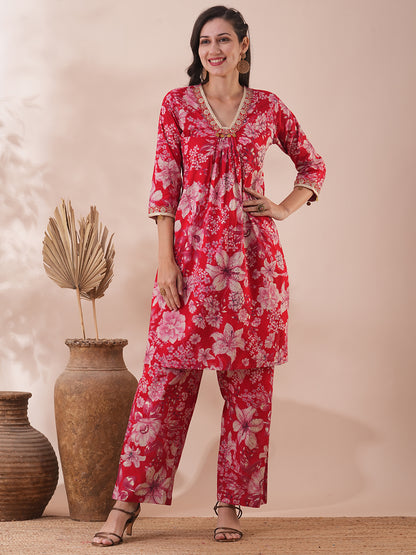 Floral Foil Printed & Embroidered A-Line Co-ord Set - Red