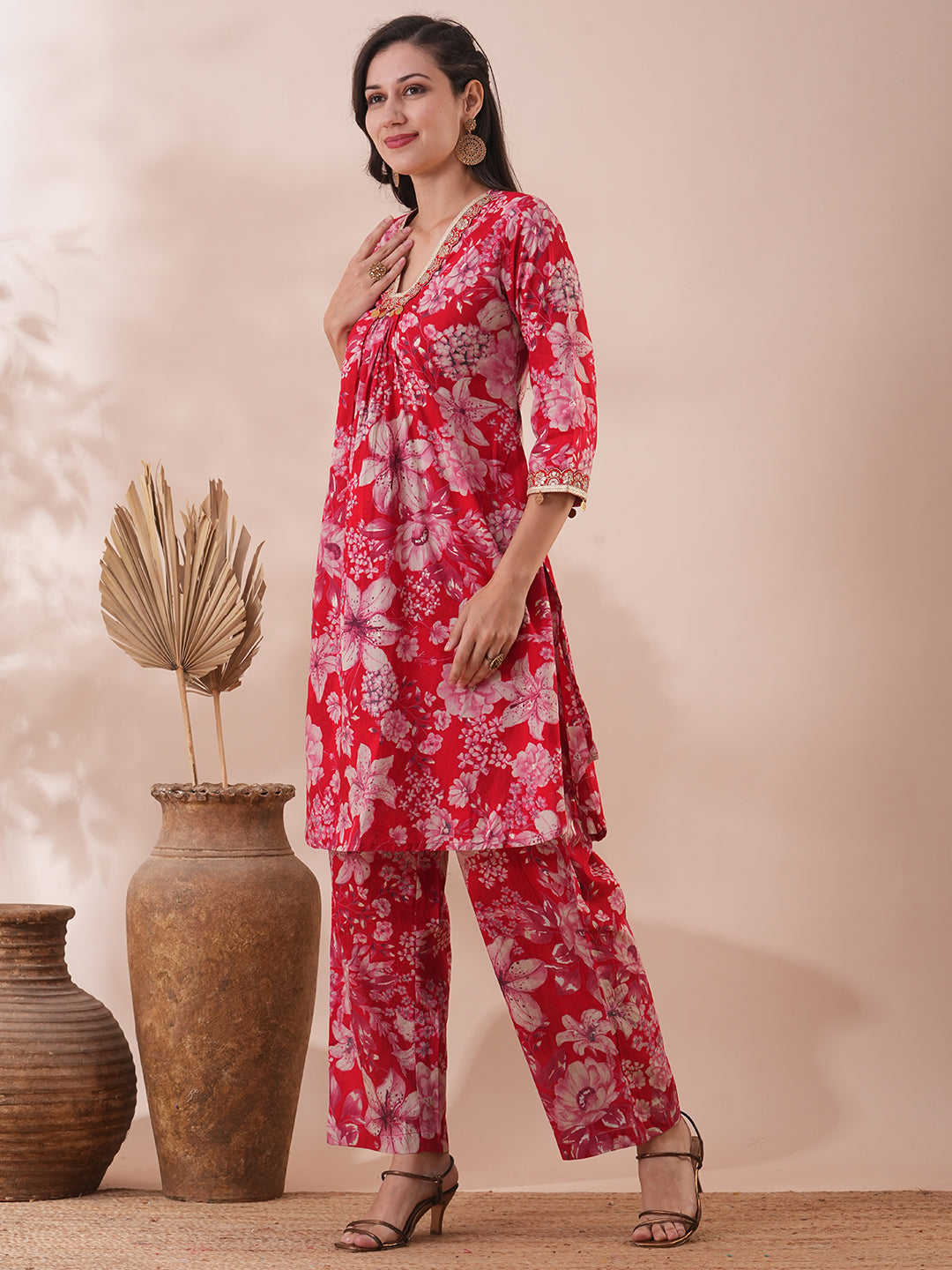 Floral Foil Printed & Embroidered A-Line Co-ord Set - Red