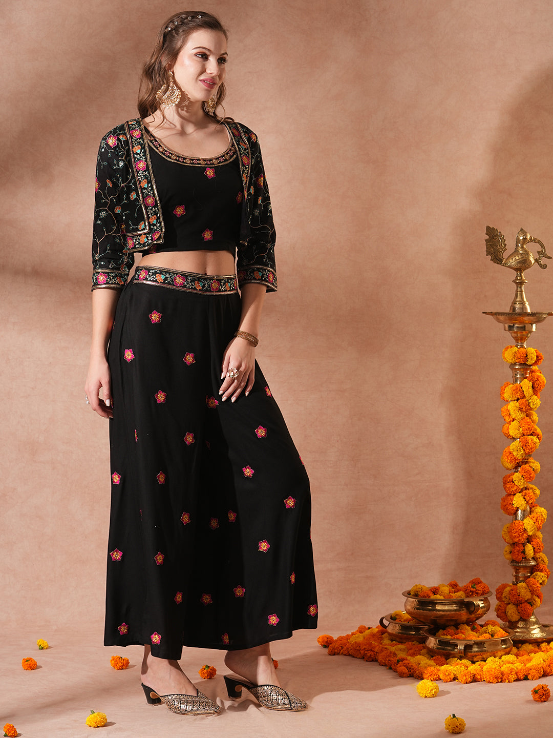 Solid Ethnic Floral Embroidered Crop Top with Short Jacket and Flared Palazzo - Black