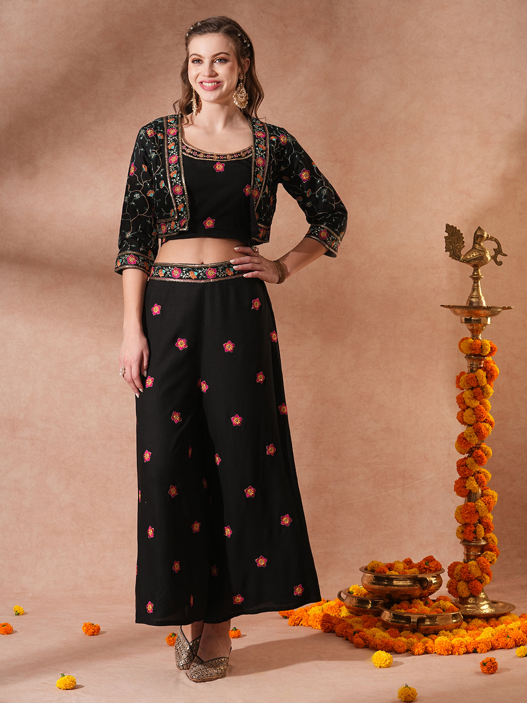 Solid Ethnic Floral Embroidered Crop Top with Short Jacket and Flared Palazzo - Black