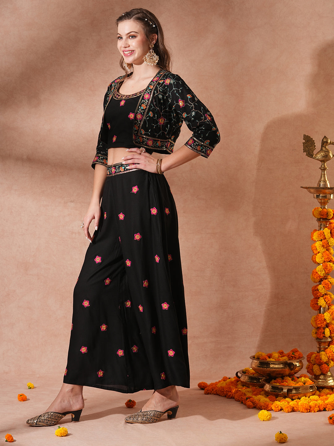 Solid Ethnic Floral Embroidered Crop Top with Short Jacket and Flared Palazzo - Black