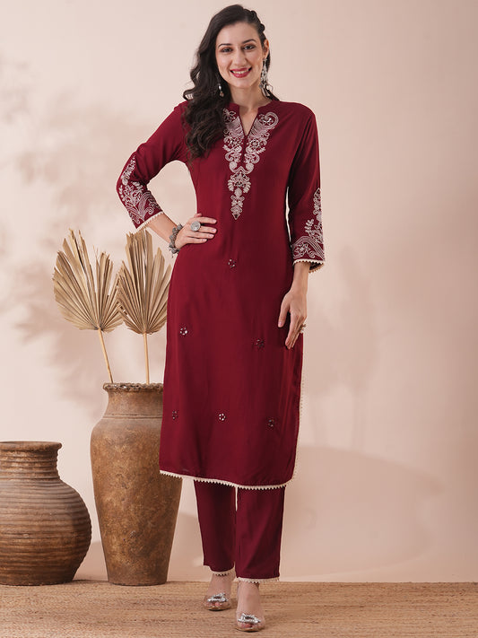 Solid Ethnic Floral & Embroidered Straight Fit Co-ord Set - Maroon