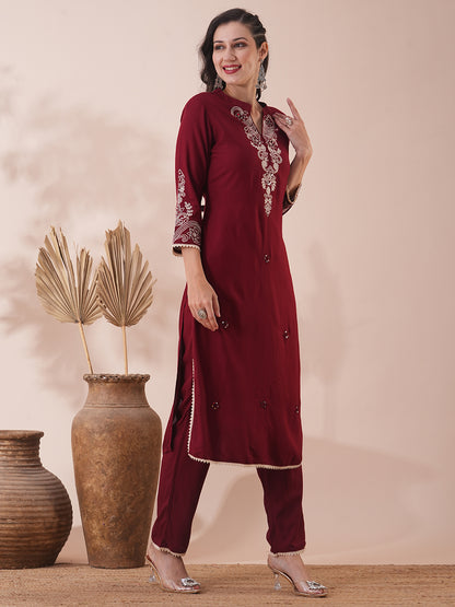 Solid Ethnic Floral & Embroidered Straight Fit Co-ord Set - Maroon