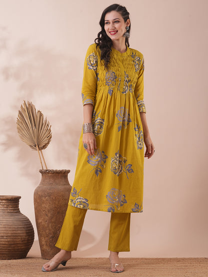 Abstract Floral Printed A-Line Kurta with Pant - Lime Green