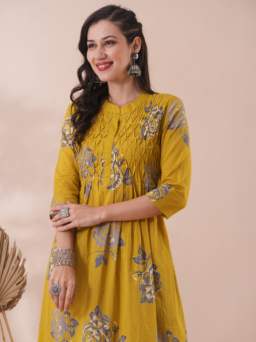 Abstract Floral Printed A-Line Kurta with Pant - Lime Green