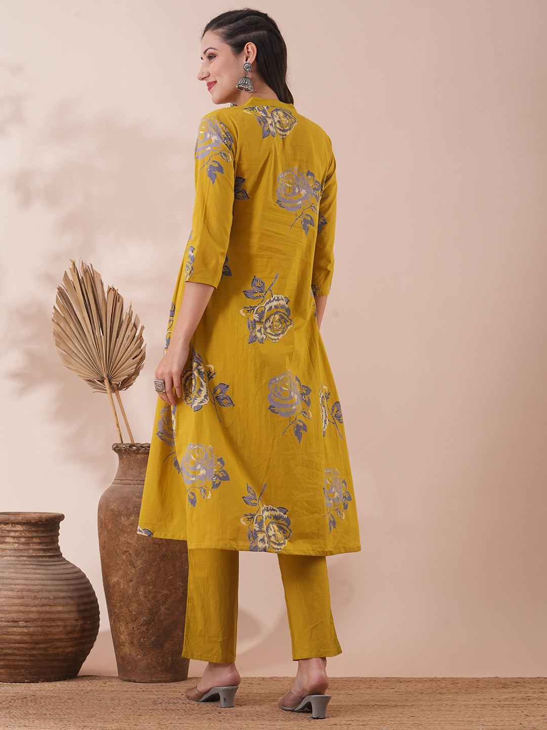 Abstract Floral Printed A-Line Kurta with Pant - Lime Green