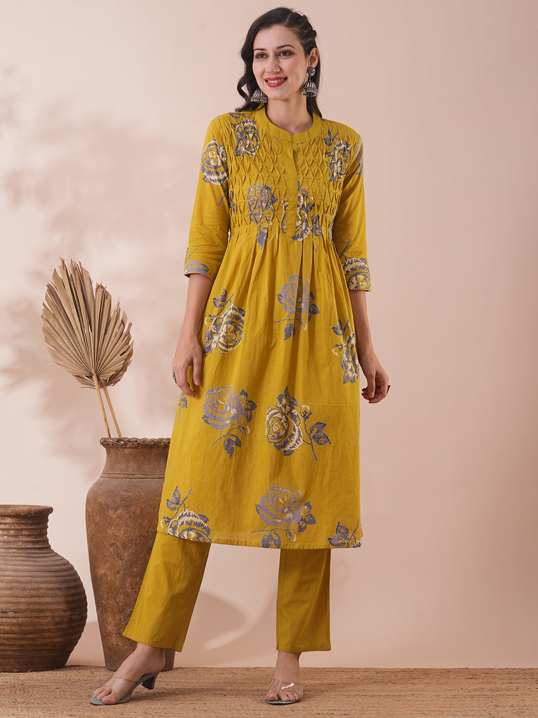 Abstract Floral Printed A-Line Kurta with Pant - Lime Green