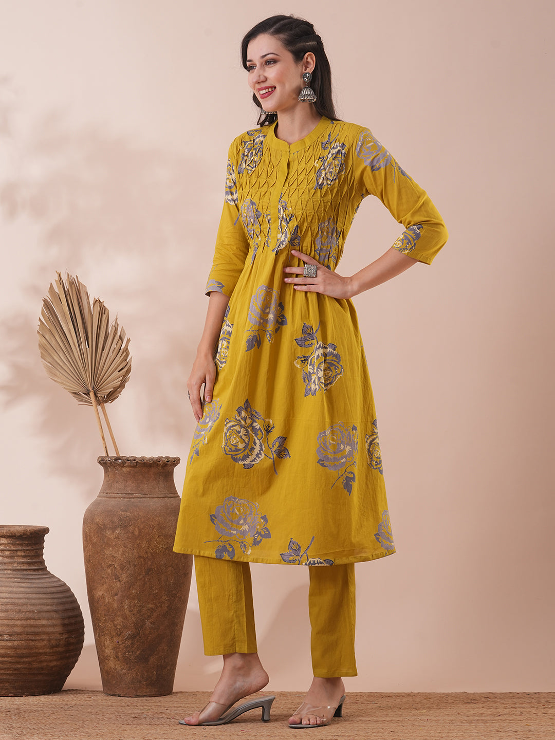 Abstract Floral Printed A-Line Kurta with Pant - Lime Green