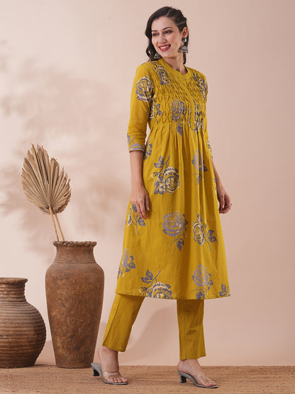 Abstract Floral Printed A-Line Kurta with Pant - Lime Green