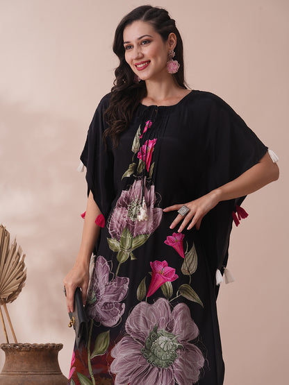 Abstract Floral Printed Pleated Kaftan Co-ord Set - Black