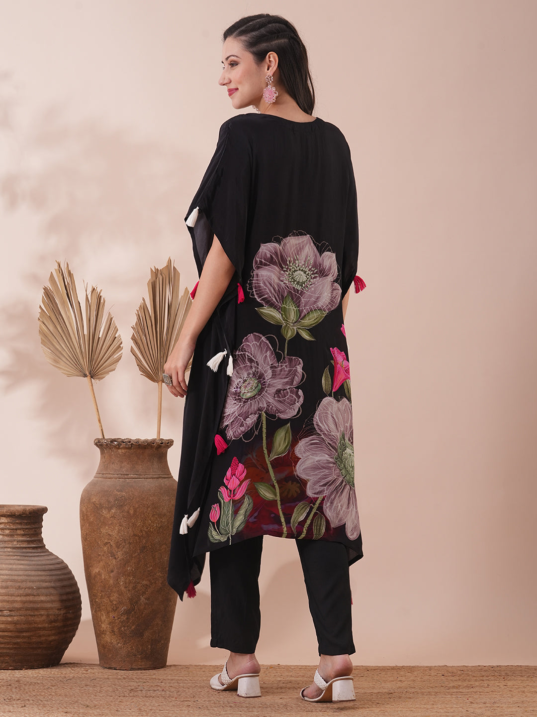 Abstract Floral Printed Pleated Kaftan Co-ord Set - Black