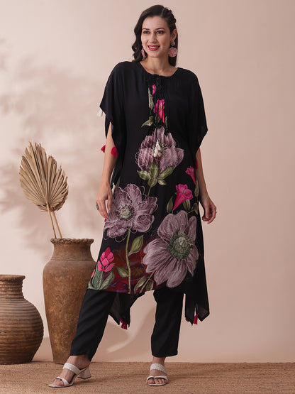 Abstract Floral Printed Pleated Kaftan Co-ord Set - Black