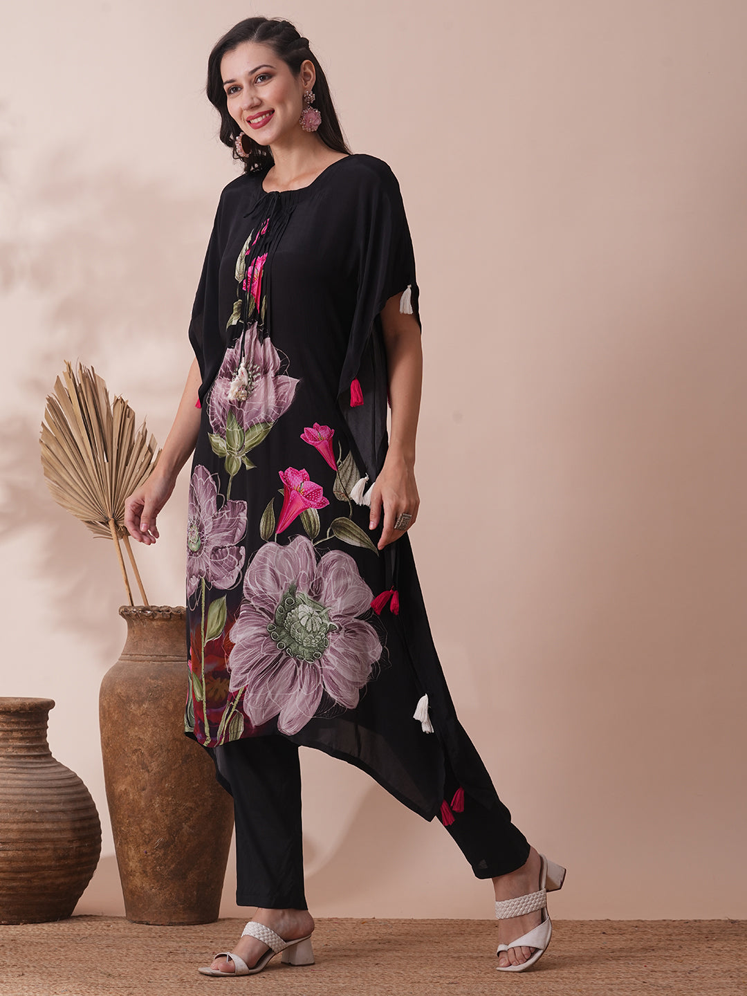 Abstract Floral Printed Pleated Kaftan Co-ord Set - Black