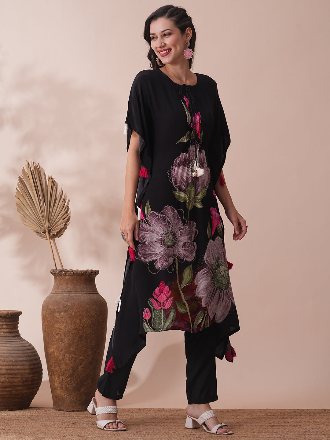 Abstract Floral Printed Pleated Kaftan Co-ord Set - Black