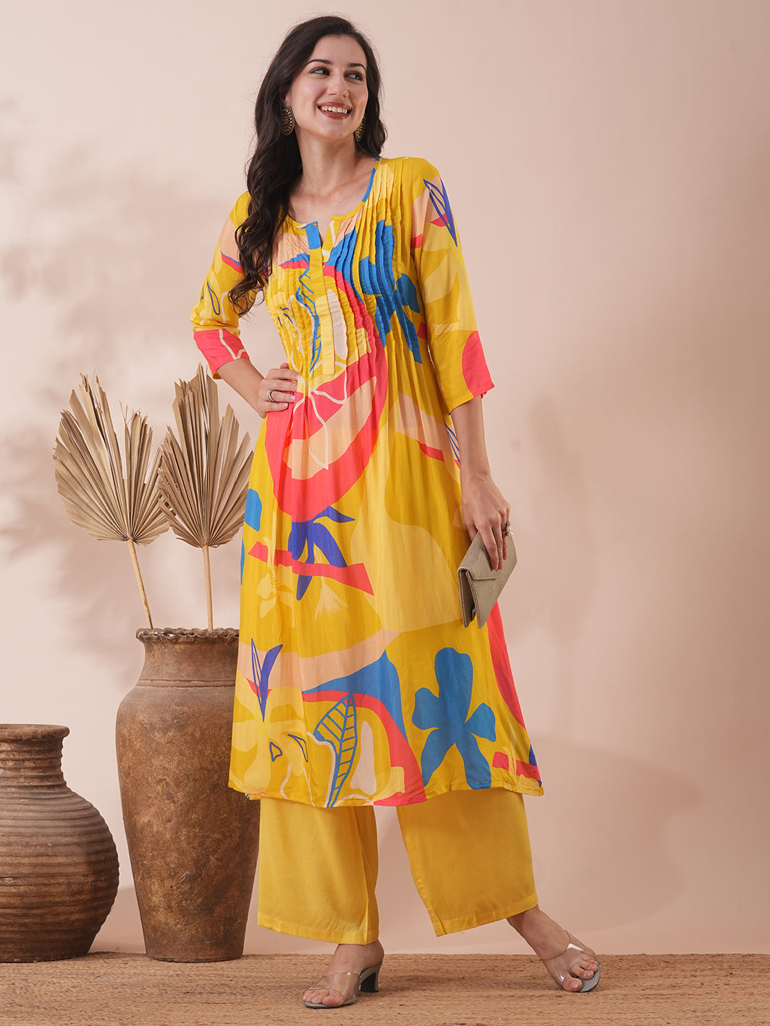 Abstract Printed A-Line Kurta with Palazzo - Yellow