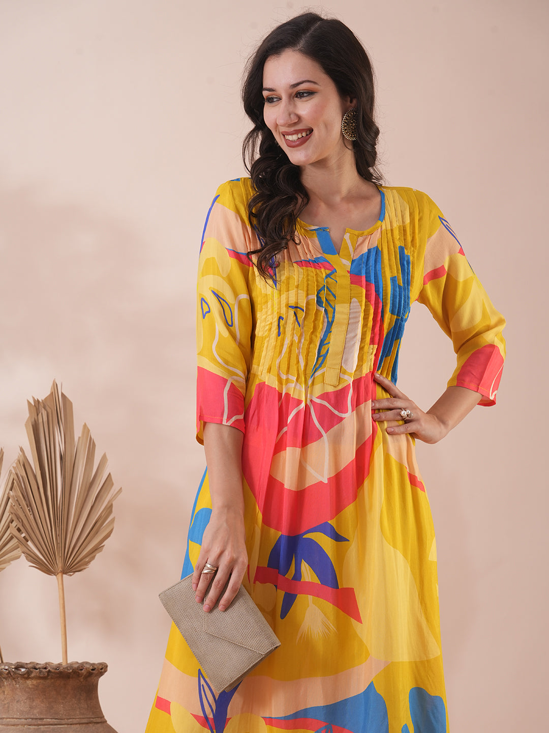 Abstract Printed A-Line Kurta with Palazzo - Yellow