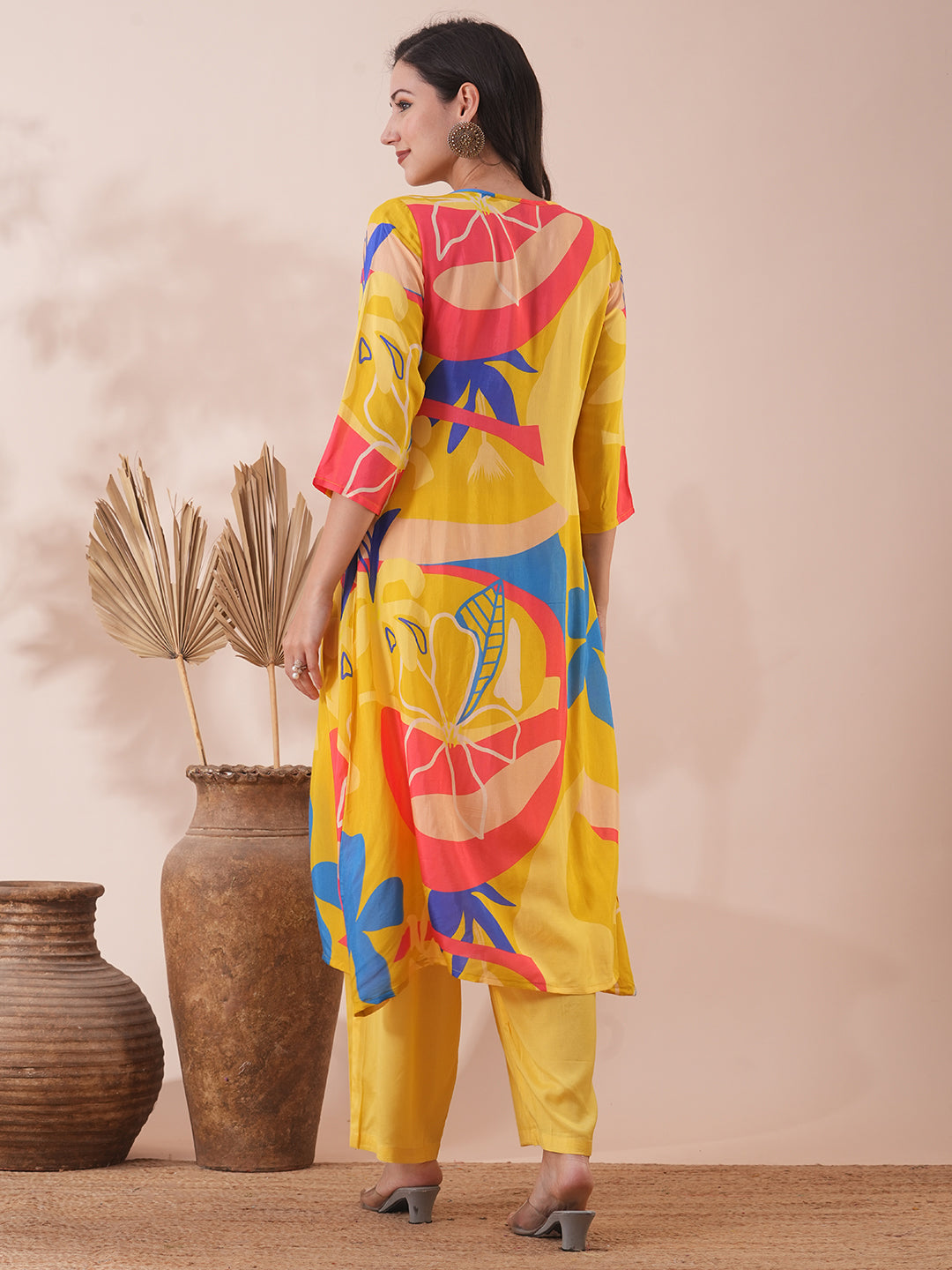 Abstract Printed A-Line Kurta with Palazzo - Yellow