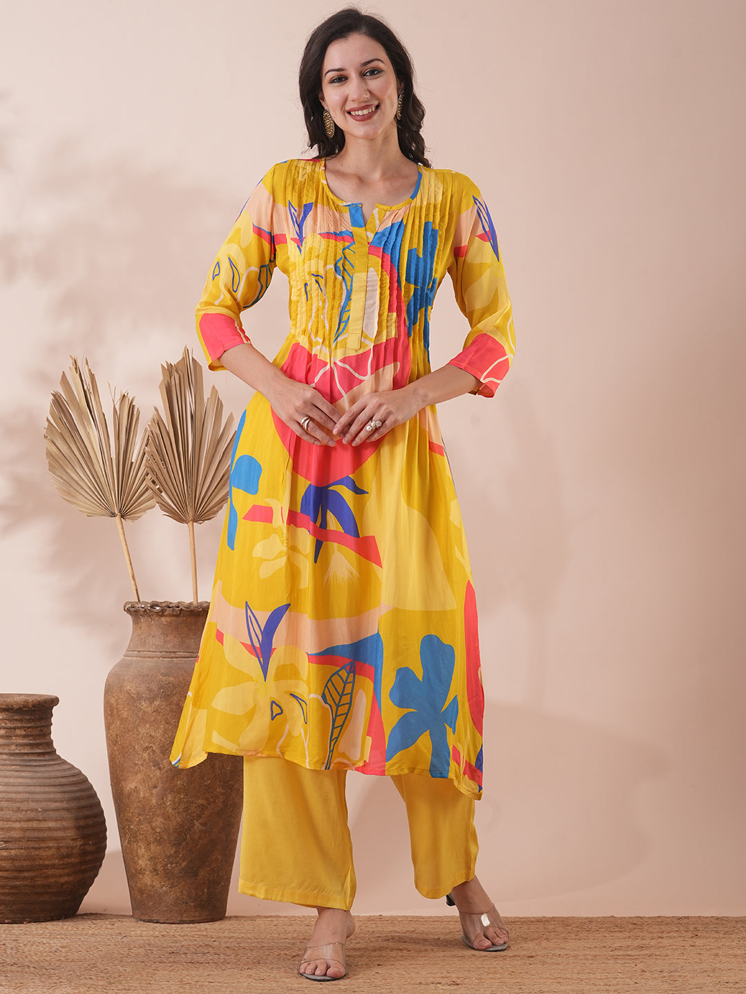 Abstract Printed A-Line Kurta with Palazzo - Yellow