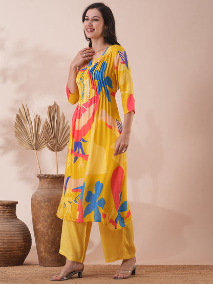 Abstract Printed A-Line Kurta with Palazzo - Yellow