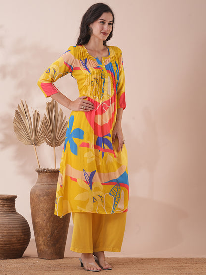 Abstract Printed A-Line Kurta with Palazzo - Yellow