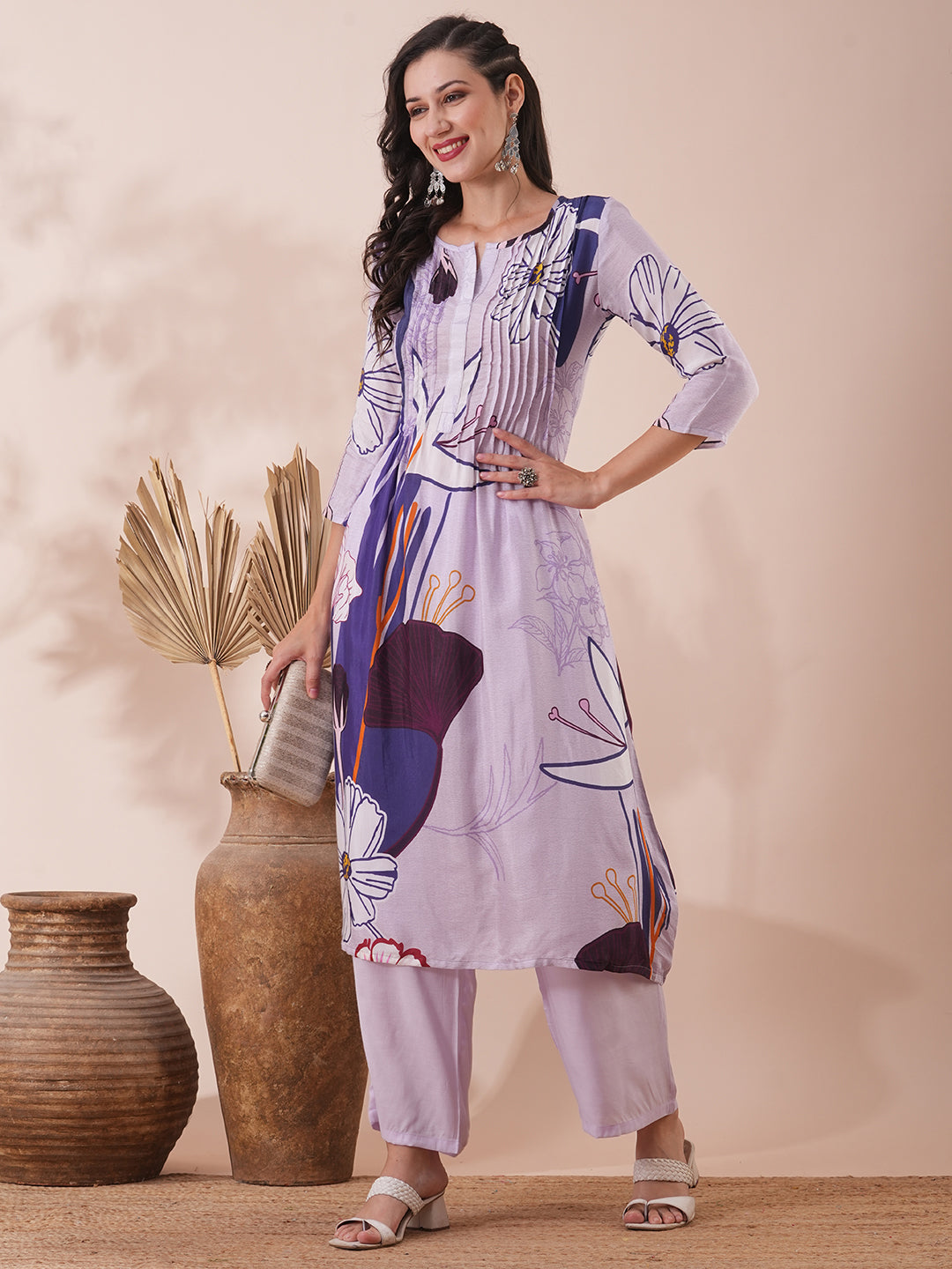 Abstract Printed A-Line Kurta with Palazzo - Lavender