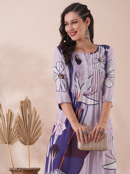 Abstract Printed A-Line Kurta with Palazzo - Lavender