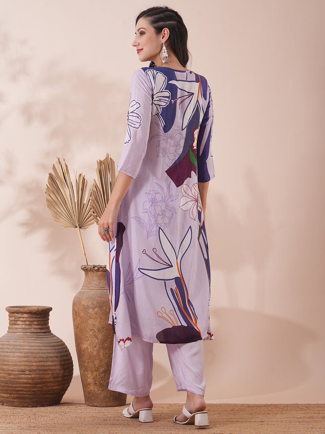 Abstract Printed A-Line Kurta with Palazzo - Lavender