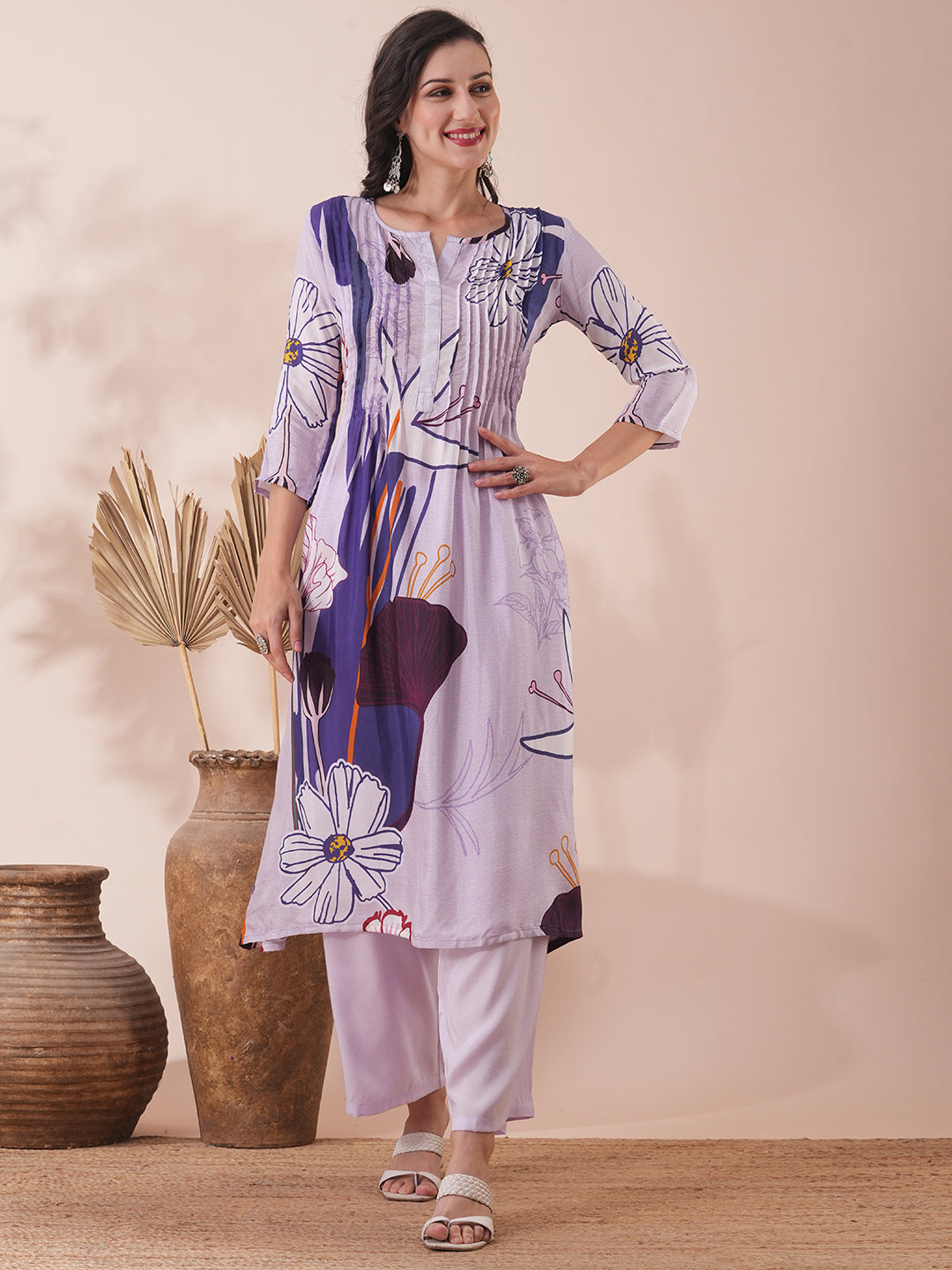 Abstract Printed A-Line Kurta with Palazzo - Lavender