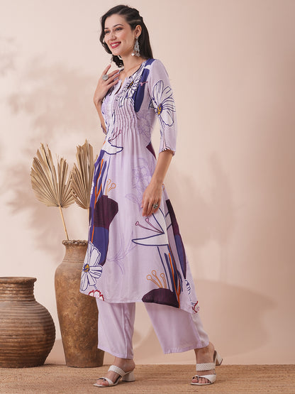 Abstract Printed A-Line Kurta with Palazzo - Lavender