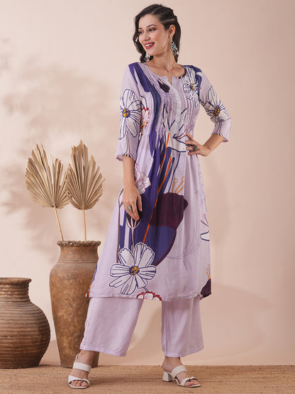 Abstract Printed A-Line Kurta with Palazzo - Lavender