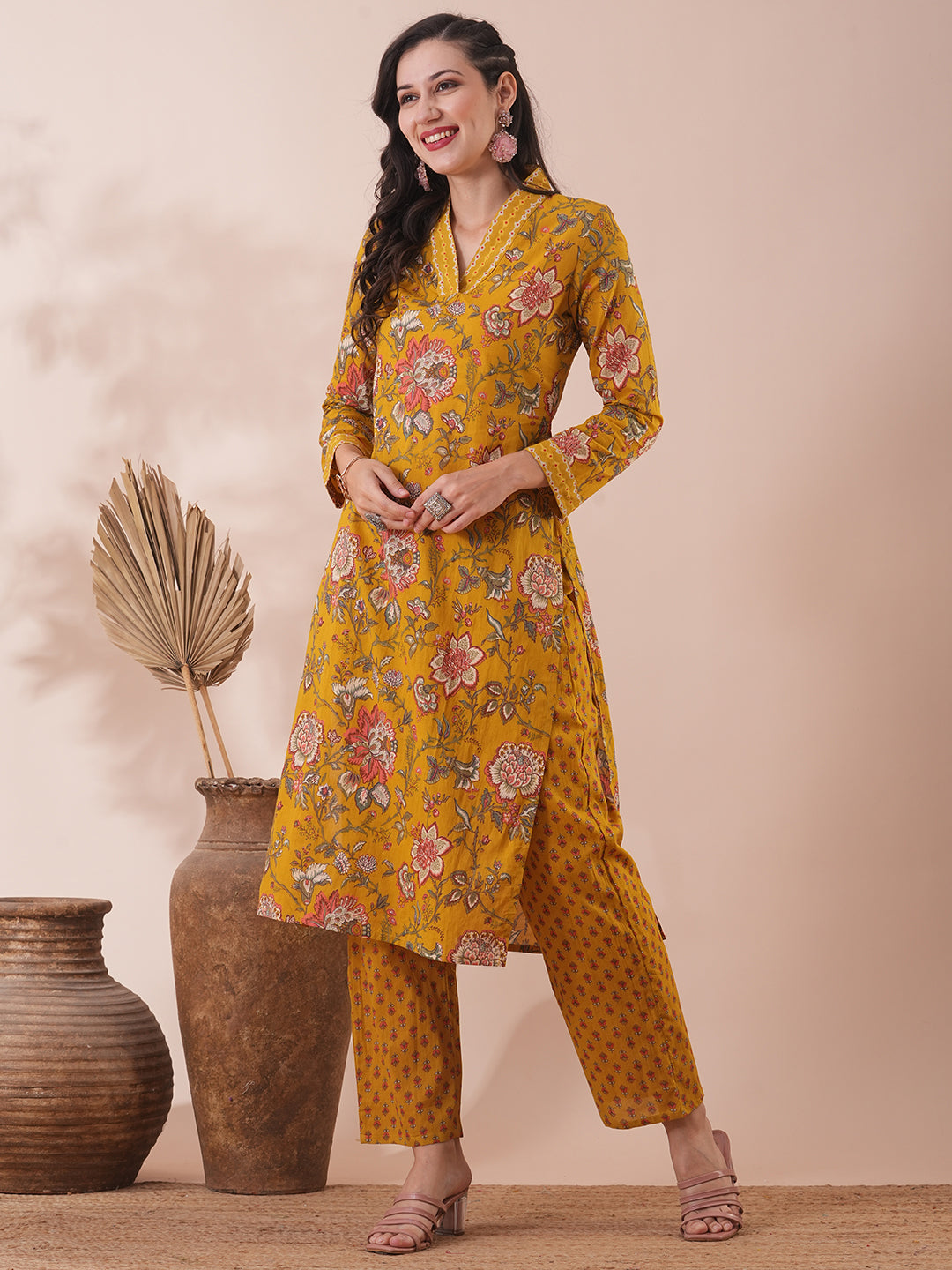 Ethnic Floral Printed Straight Fit Kurta with Pant - Mustard