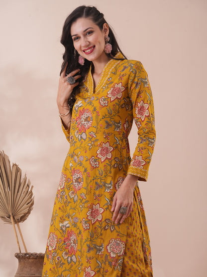 Ethnic Floral Printed Straight Fit Kurta with Pant - Mustard