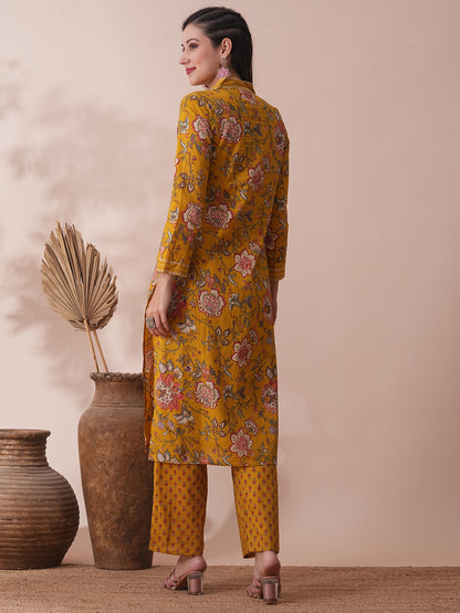 Ethnic Floral Printed Straight Fit Kurta with Pant - Mustard