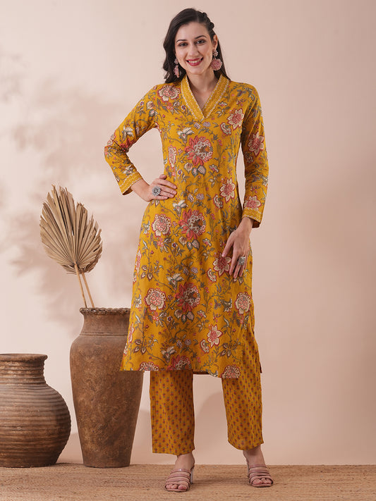 Ethnic Floral Printed Straight Fit Kurta with Pant - Mustard