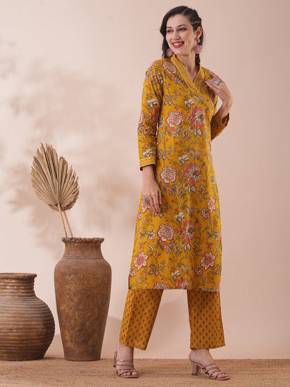 Ethnic Floral Printed Straight Fit Kurta with Pant - Mustard