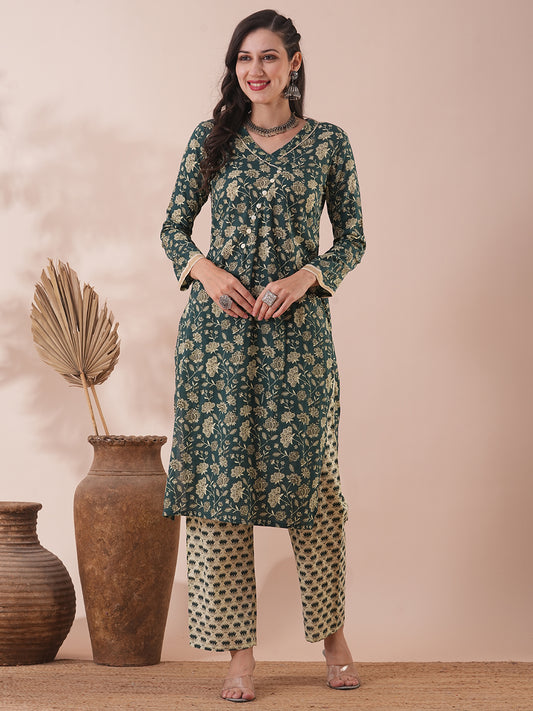 Ethnic Floral Printed Straight Fit Kurta with Pant - Green