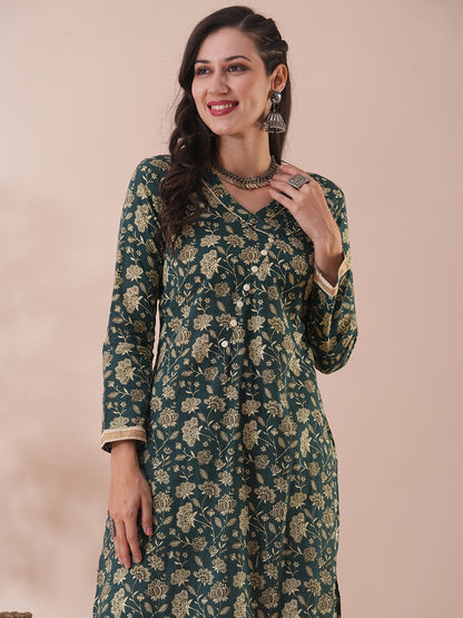 Ethnic Floral Printed Straight Fit Kurta with Pant - Green